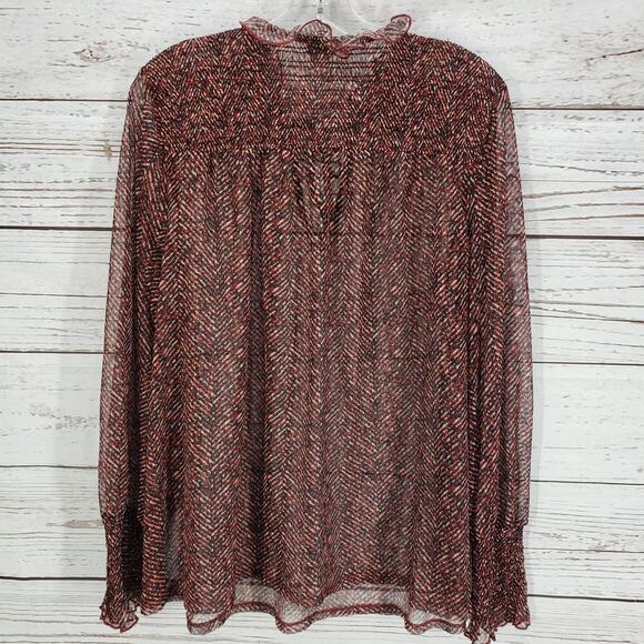 Chico's Herringbone Mesh Sheer Smocked Detail Long Sleeve Top Size 3 - Picture 10 of 11